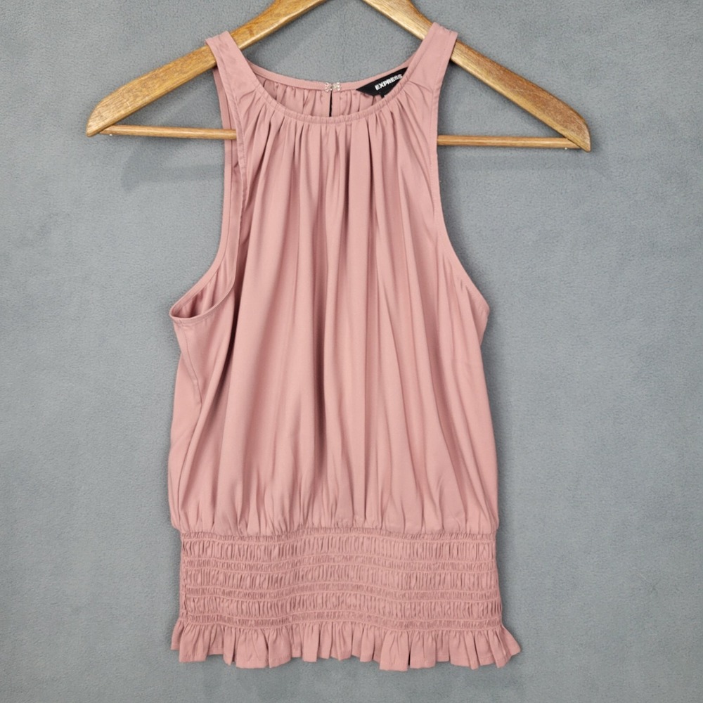 Express Tank Top Women's XS Pink Stretch Smocked Pleated Round Neck Keyhole Back